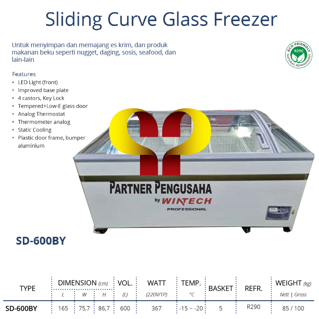 Gea SD-600BY Sliding Curve Glass Freezer - Freezer Box Kaca Geser 600L