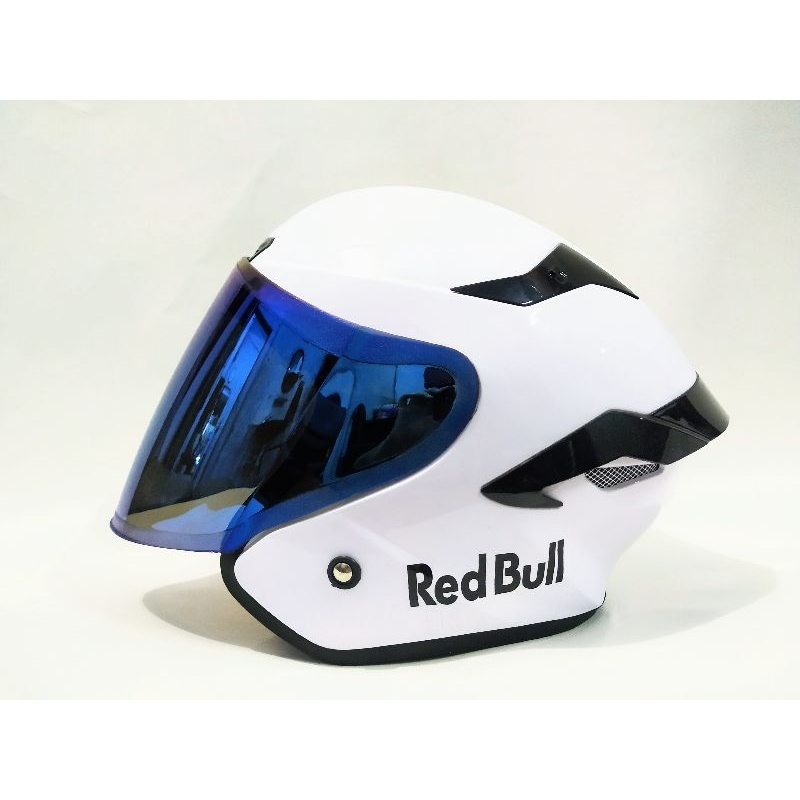 PAKET GANTENG HELM ARL TT COURSE MOTIF RED BULL PUTIH SINGLE VISOR SNI.