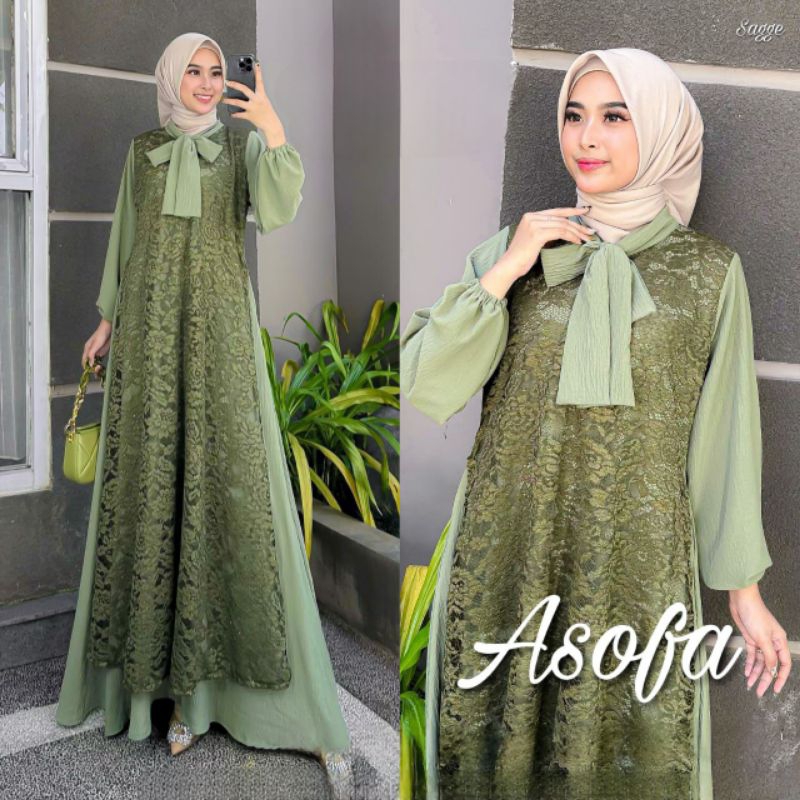 GAMIS PESTA ELEGAN ASOFA DRES GAUN BAHAN CRINCLE MIX BRUKAT