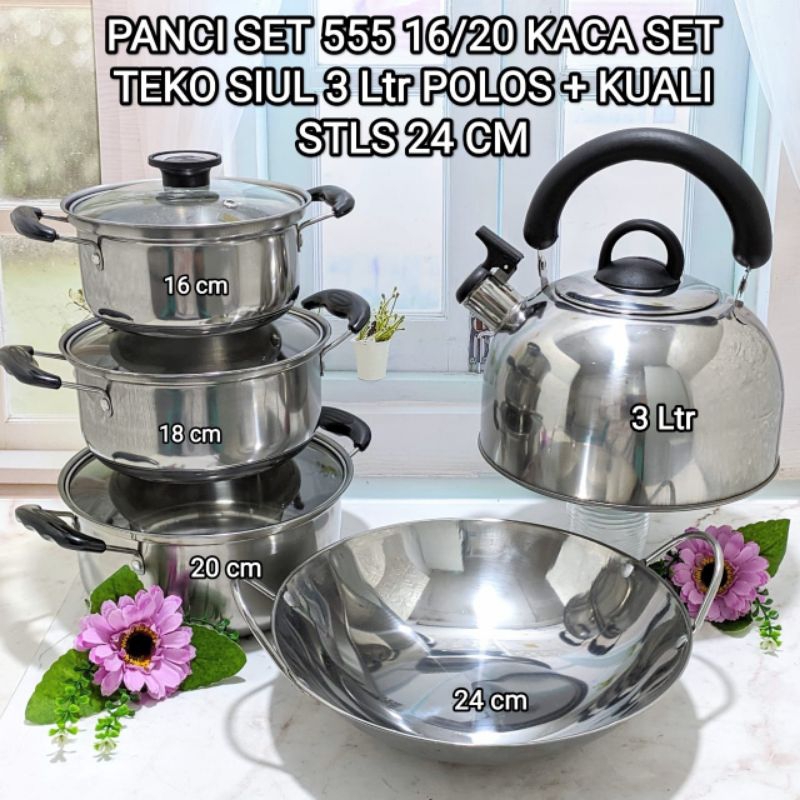 PANCI SET 555 16/20 KACA SET TEKO SIUL 3 Ltr POLOS + KUALI STLS 24 CM