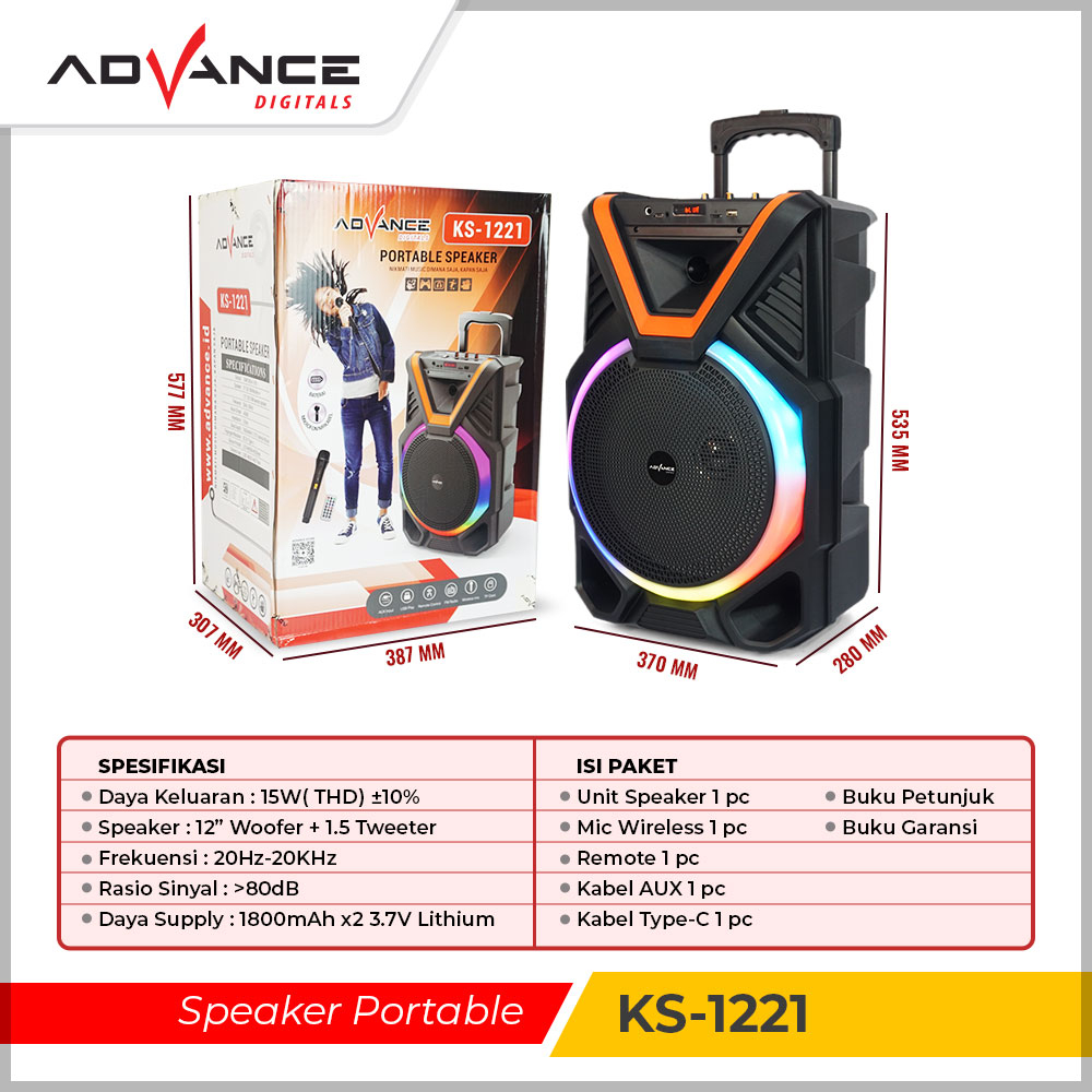 Advance Speaker Bluetooth Karaoke Tws 12Inch+2Xmic Wireless 1221 Tbk