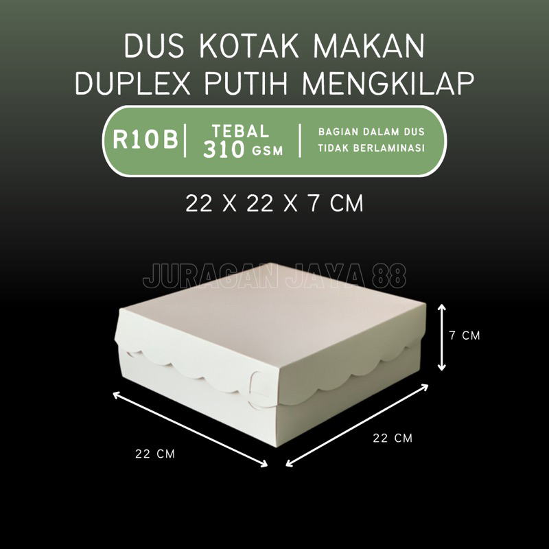 

Dus Kotak Makan (R10B) 22cm x 22cm x 7cm Duplex Coated Putih (Ketebalan 310gram) | Dus Box Kue / Kotak Nasi