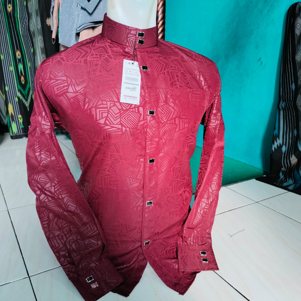 baju koko sultan kemko terbaru 2024 kancing jepret lengan manset warna marun