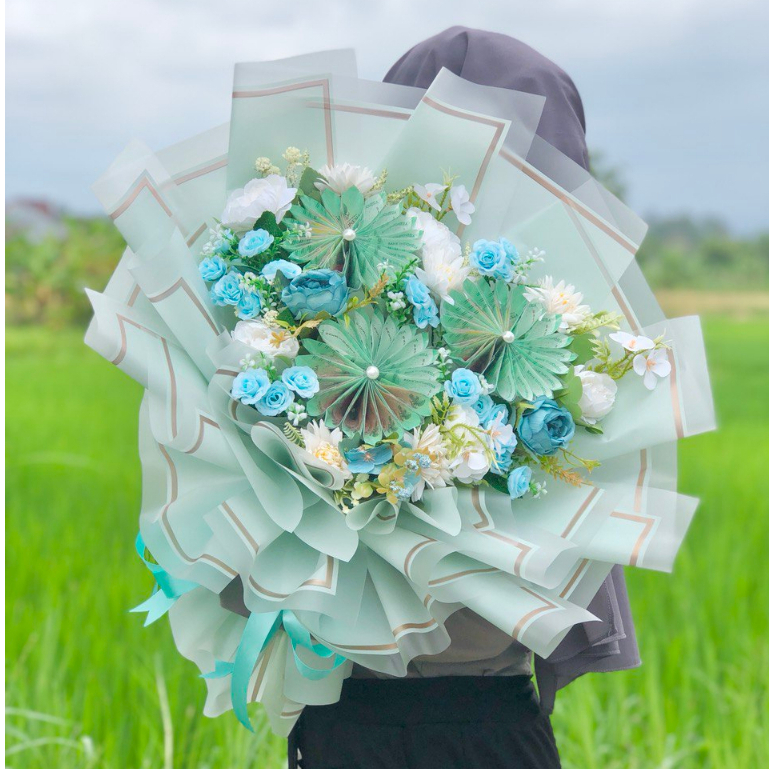 BUKET UANG MONEY BOUQUET 20 RIBU 30 LEMBAR EXTRA BUNGA ARTIFICIAL WARNA HIJAU TOSCA SIZE BESAR
