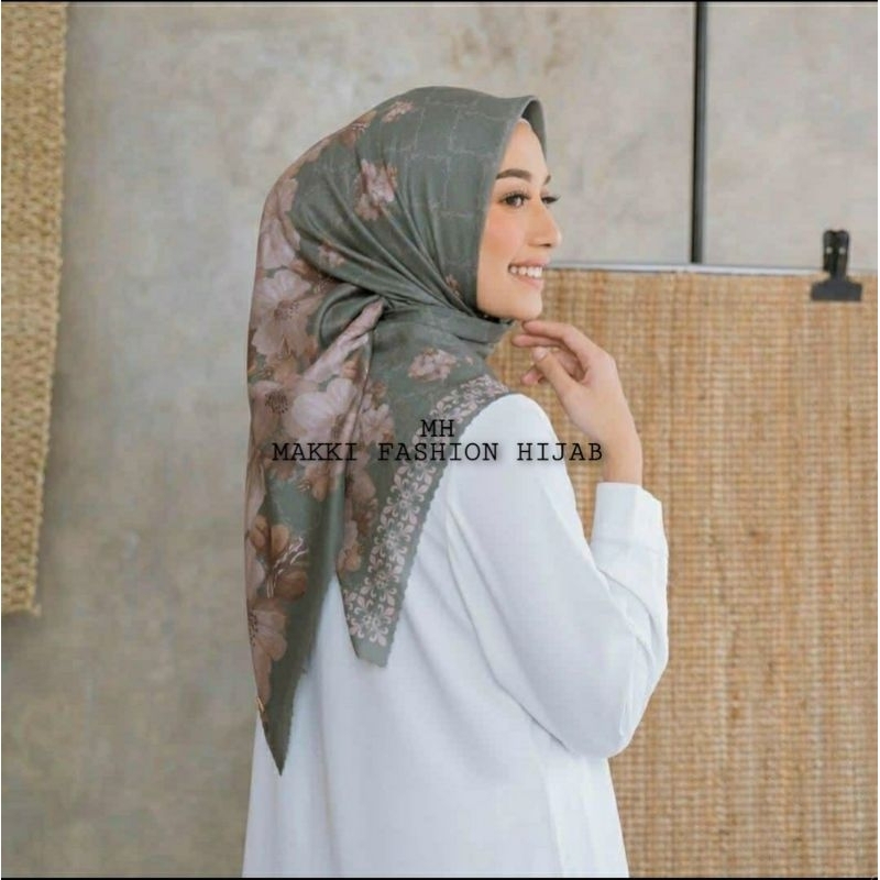 hijab segiempat motif bunga kotak warna hijau mint krudung voal premium
