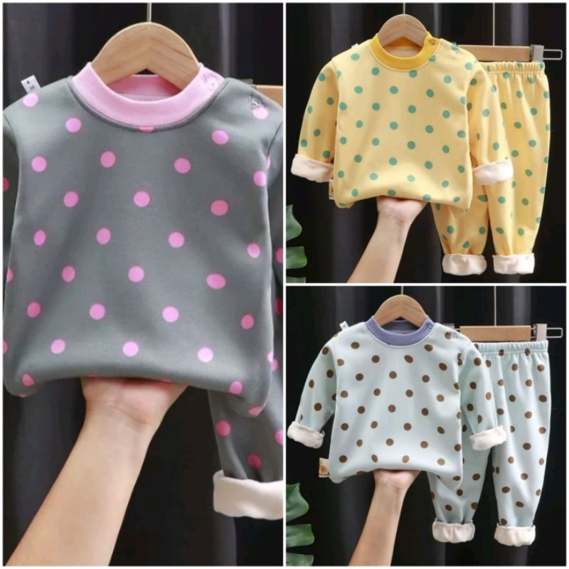 Piyama import anak perempuan, Baju Tidur Polkadot, baju tidur anak bahan velvet tebal halus & lembut