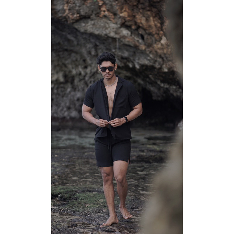Baju Set Pantai Pria Hitam / Setelan Pria / Baju Santai / Baju Pantai / Celana Pantai