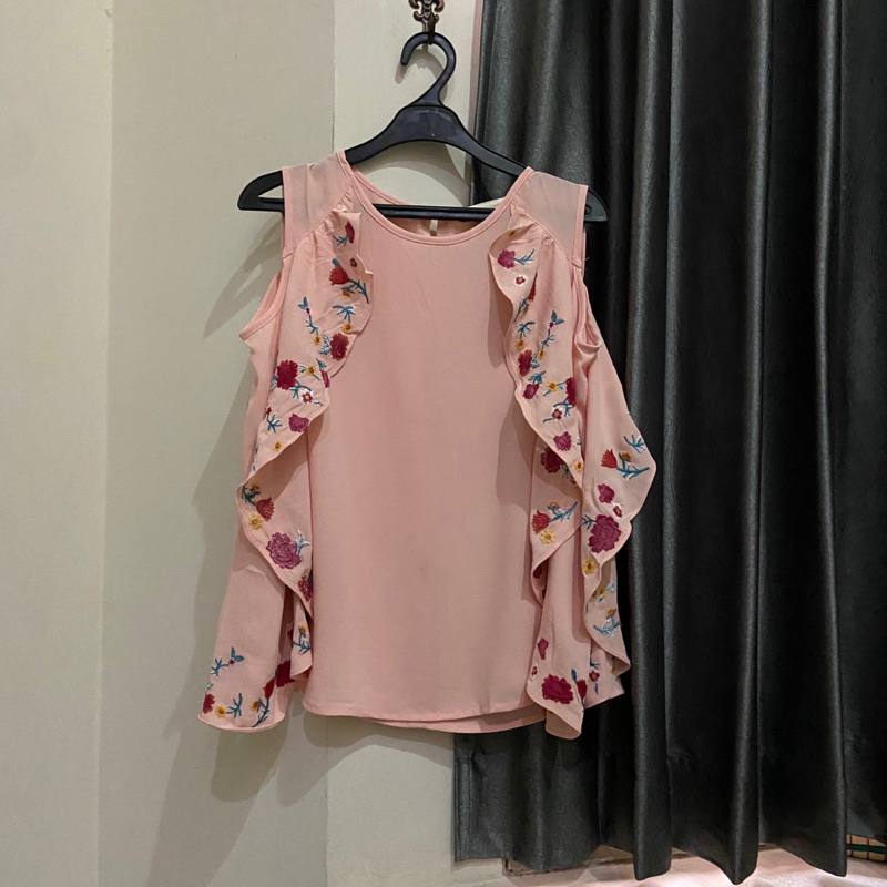 ZARA BORDIR EMBROIDERY PINK SALMON NUDE FLORAL BUNGA SABRINA LENGAN PANJANG LONG ARMS BRANDED PRELOV
