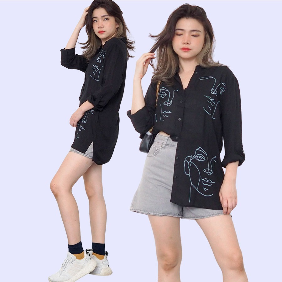 lovemecorner SALE ESMARA TABSLEEVE SHIRT KEMEJA WANITA MOTIF WAJAH FACE GREEN FACE WHITE FACE KEMEJA