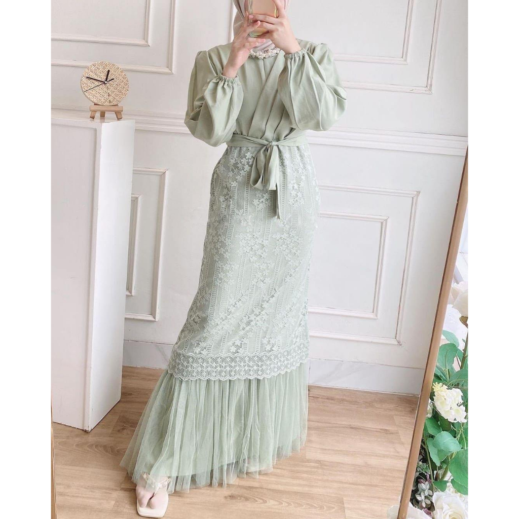 Aurora Boutique MAXI CANTIKA | Terbaru Dress Gamis Perempuan Wanita Lebaran Bahan Rayon Kombinasi Brukat Malika Motif Bunga dan Tile Polos