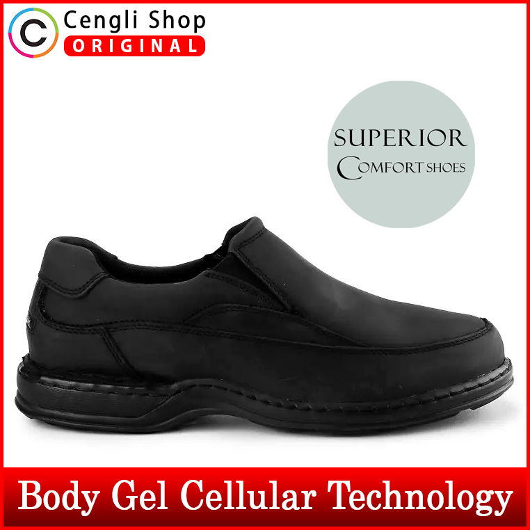 HM019 HUSH PUPPIES SEPATU SLIP ON KULIT PRIA ORIGINAL LEATHER ALL FULL BLACK HITAM POLOS