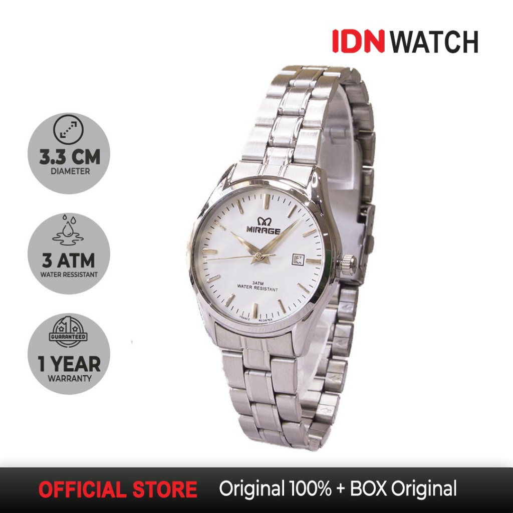 Jam Tangan Mirage Wanita Klasik Kasual Stainless Steel Silver 8708 L Tahan Air