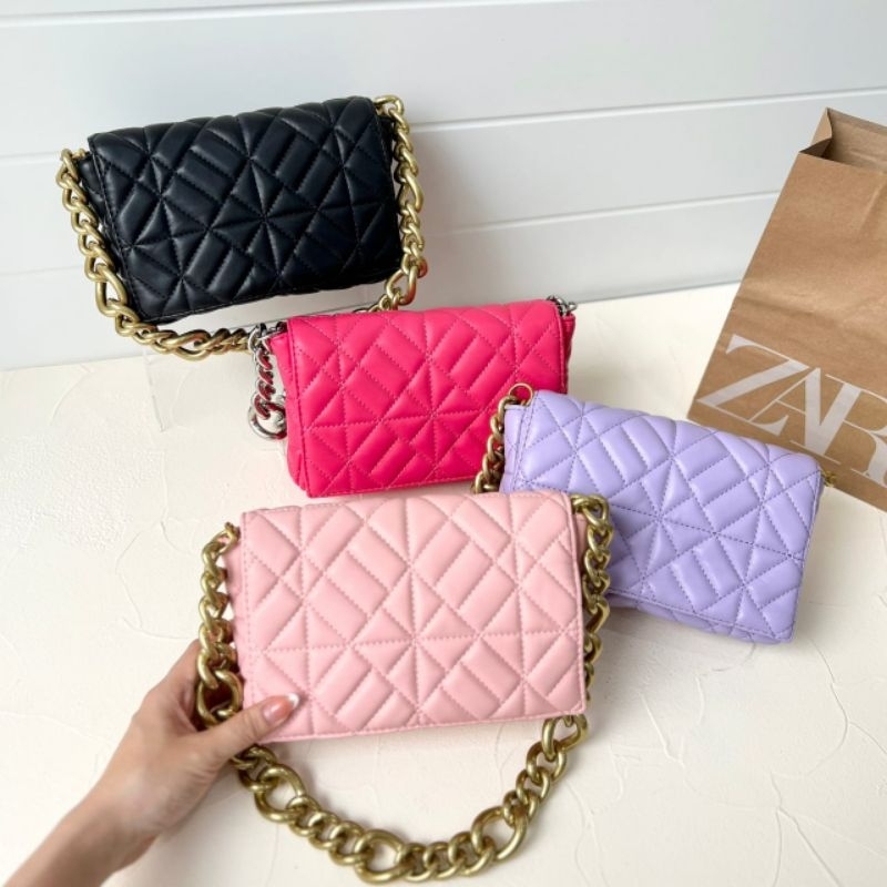 Tas Zara selempang bahu hitam pink kuning ungu lilac putih