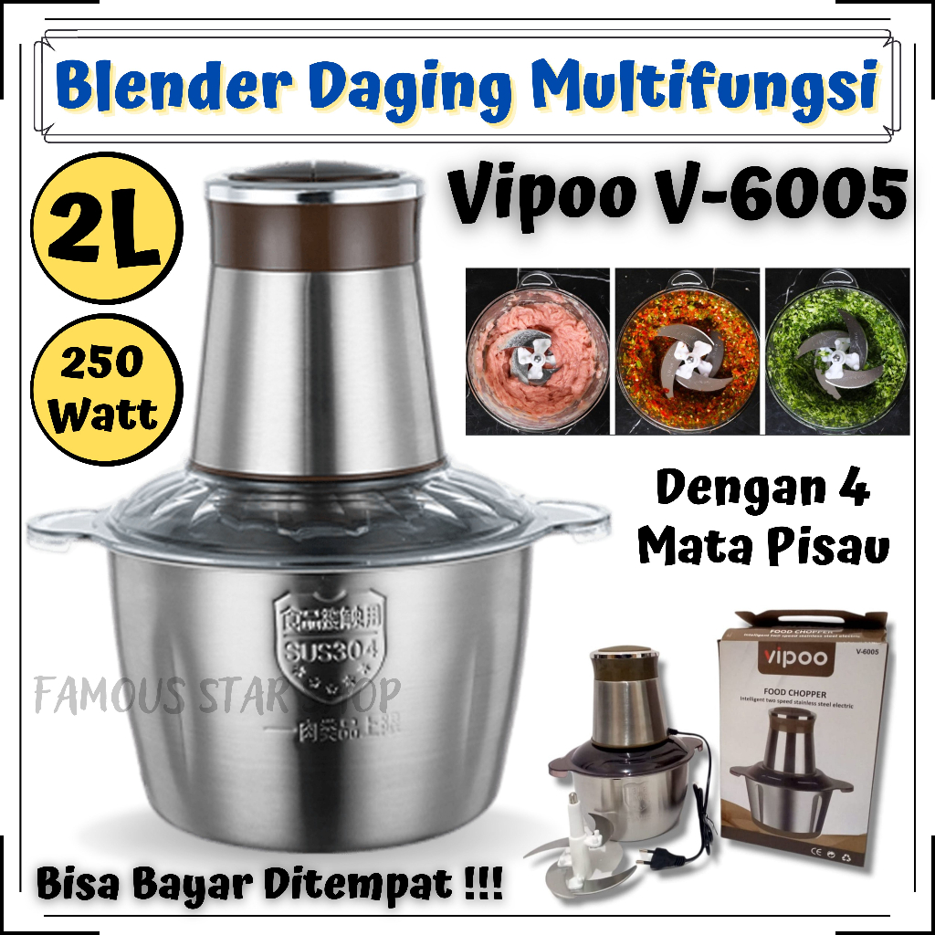 Blender Daging VIPOO V-6005 250W 2Liter Food Chopper Meat Grinder Alat Penggiling Daging Bumbu Sayur