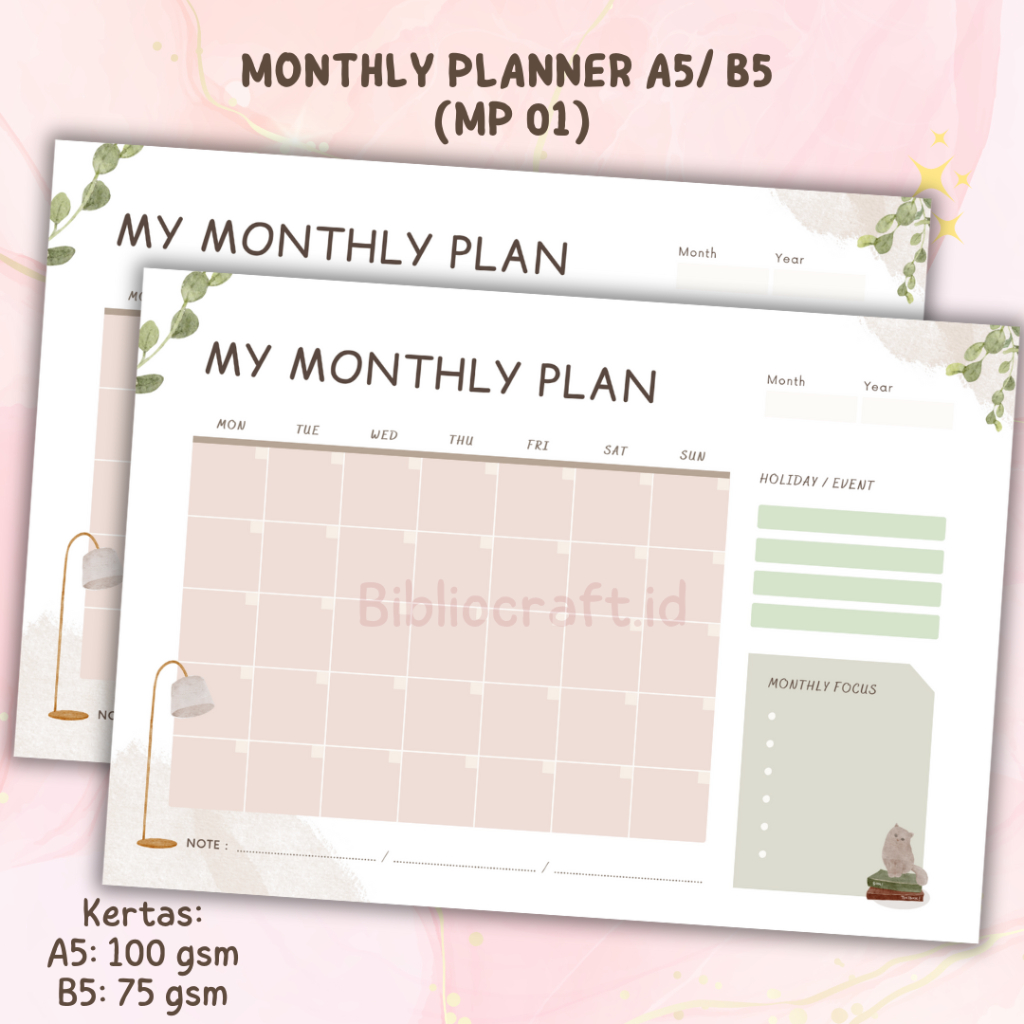 

[MP 01] Loose Leaf Monthly Planner/To Do List - Refill Binder A5 / B5 | 20 holes | 20 Lubang | 26 Holes | 26 Lubang - 12 Lembar