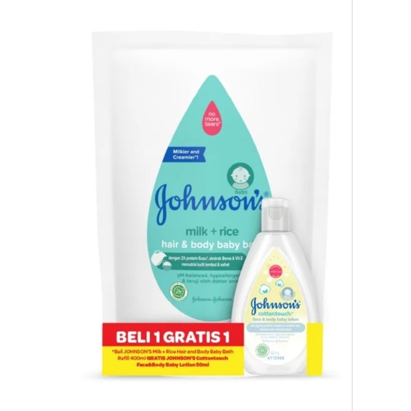 Johnson milk+rice hair & body baby bath 2in1 400ml gratis cottontouch face & body baby lotion 50ml s