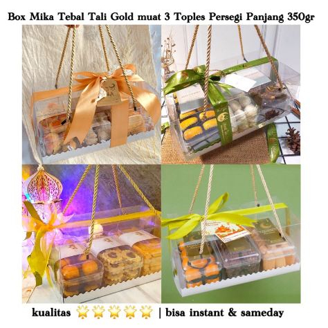 Box Hampers Mika Mewah Tali Gold muat 3 Toples Persegi Panjang 350gr Kotak Hampers Toples Kue Kering