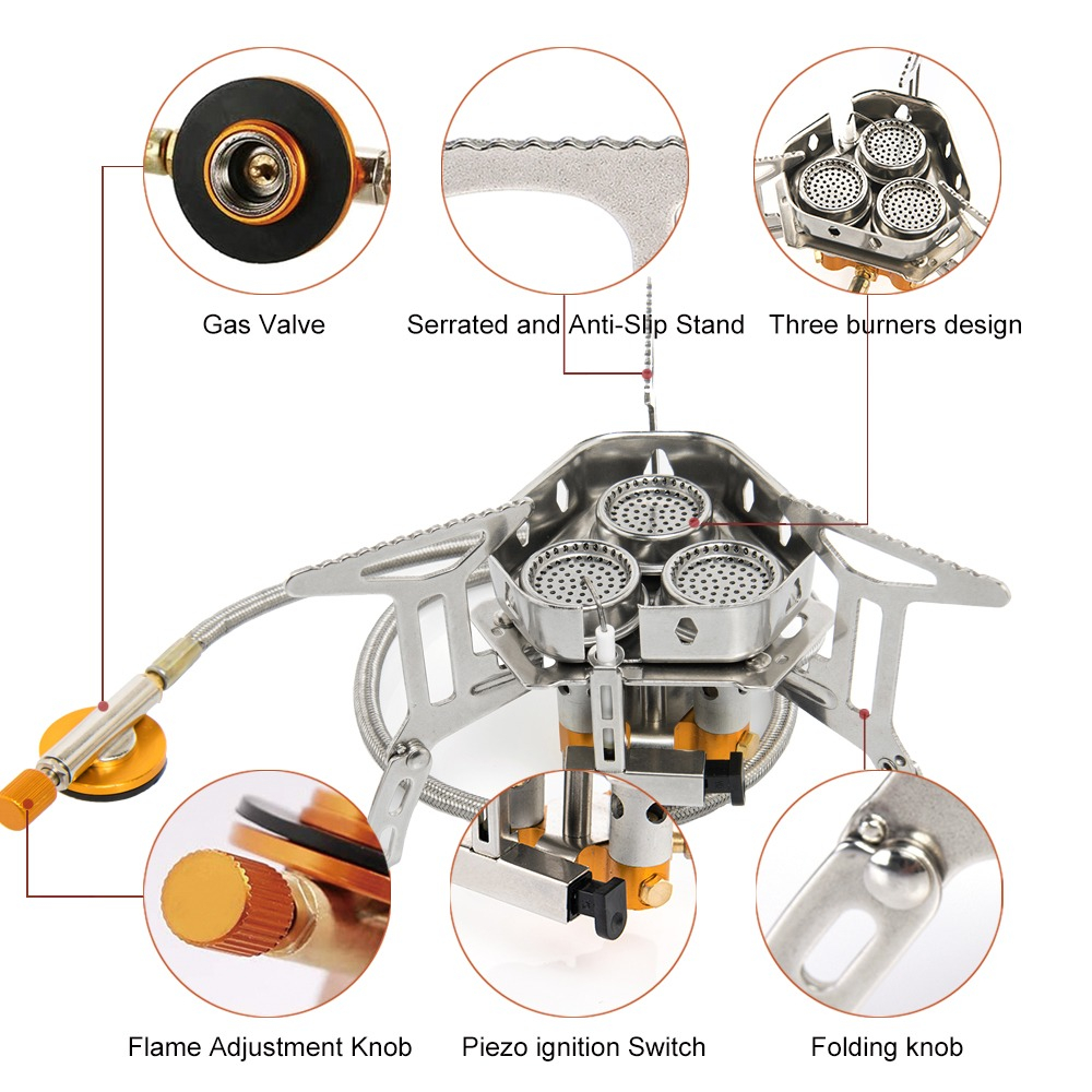 4500W Kompor UL Lipat Portabel Camping Stove 3 Burner 16cm dan adaptor