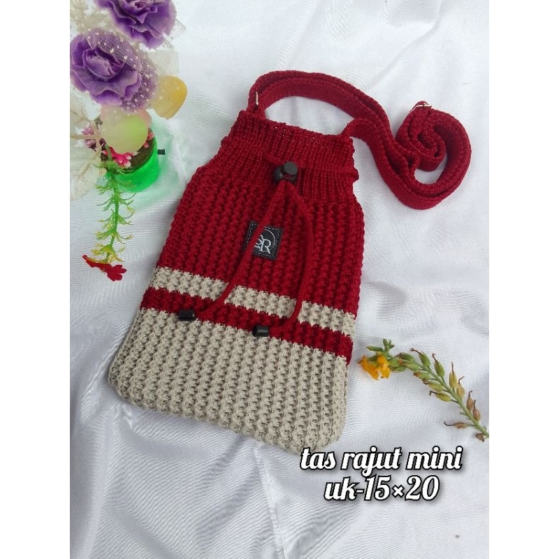 tas rajut hp model serut combinasi / tas selempang rajut / slinbag