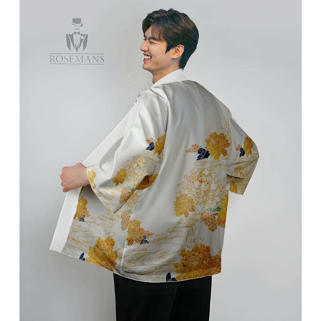 Kimono Haori Pria Wanita Batik Kuning Putih Jepang Tradisional