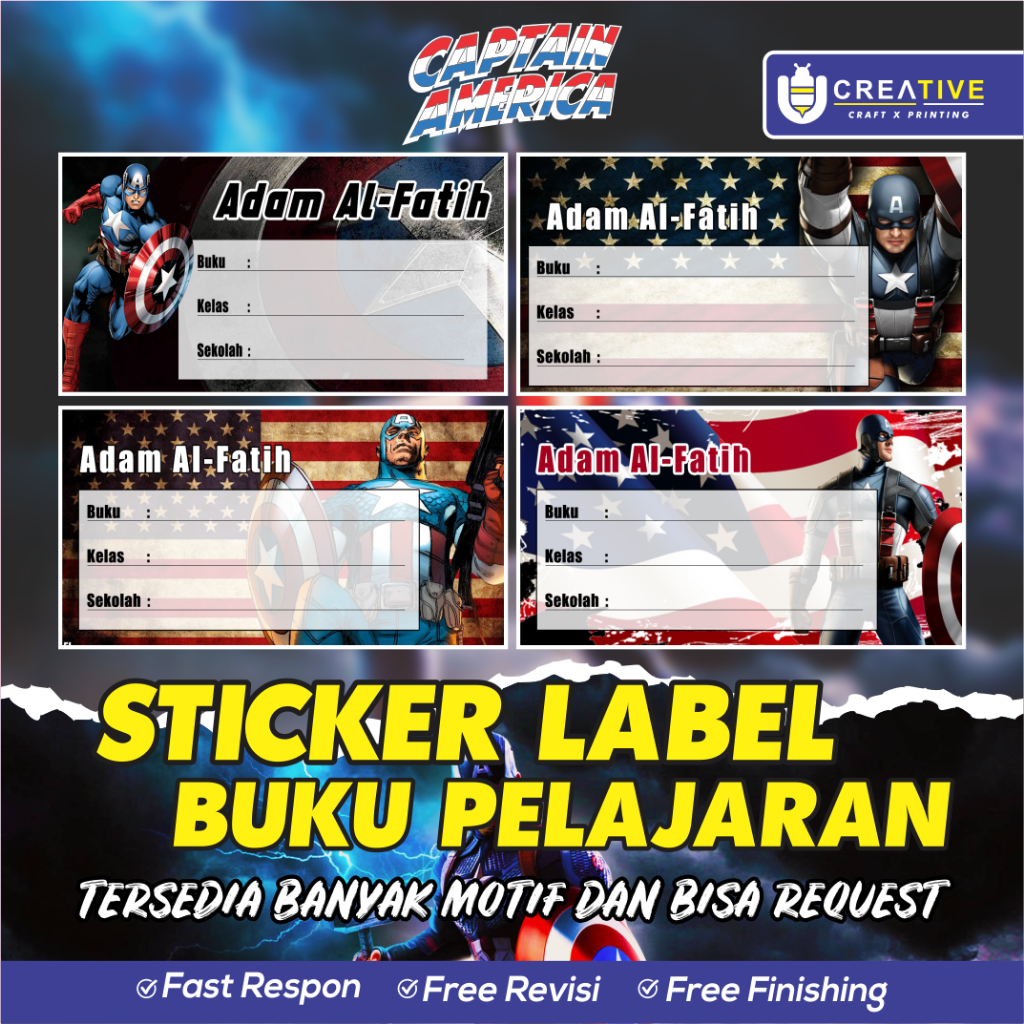 

Sticker / Label Buku Pelajaran Bisa Custom Nama (Isi 20pcs) Tema Captain America