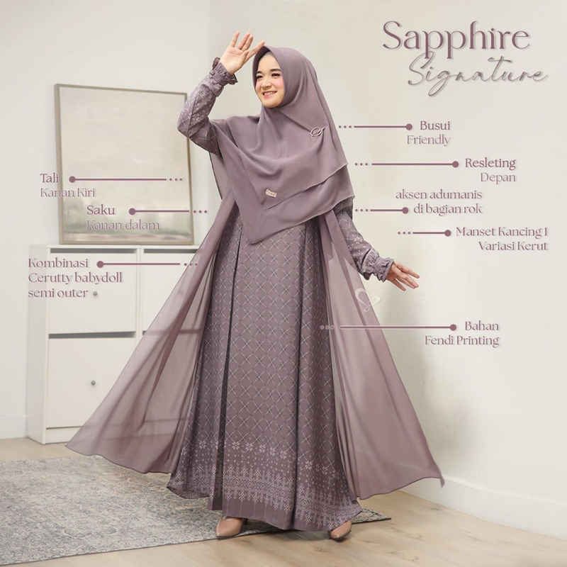 Sapphire Signature By Salvina Hijab Dress Cantik Yang Elegan Mewah, Gamis Bermotif Kombinasi Cerutty
