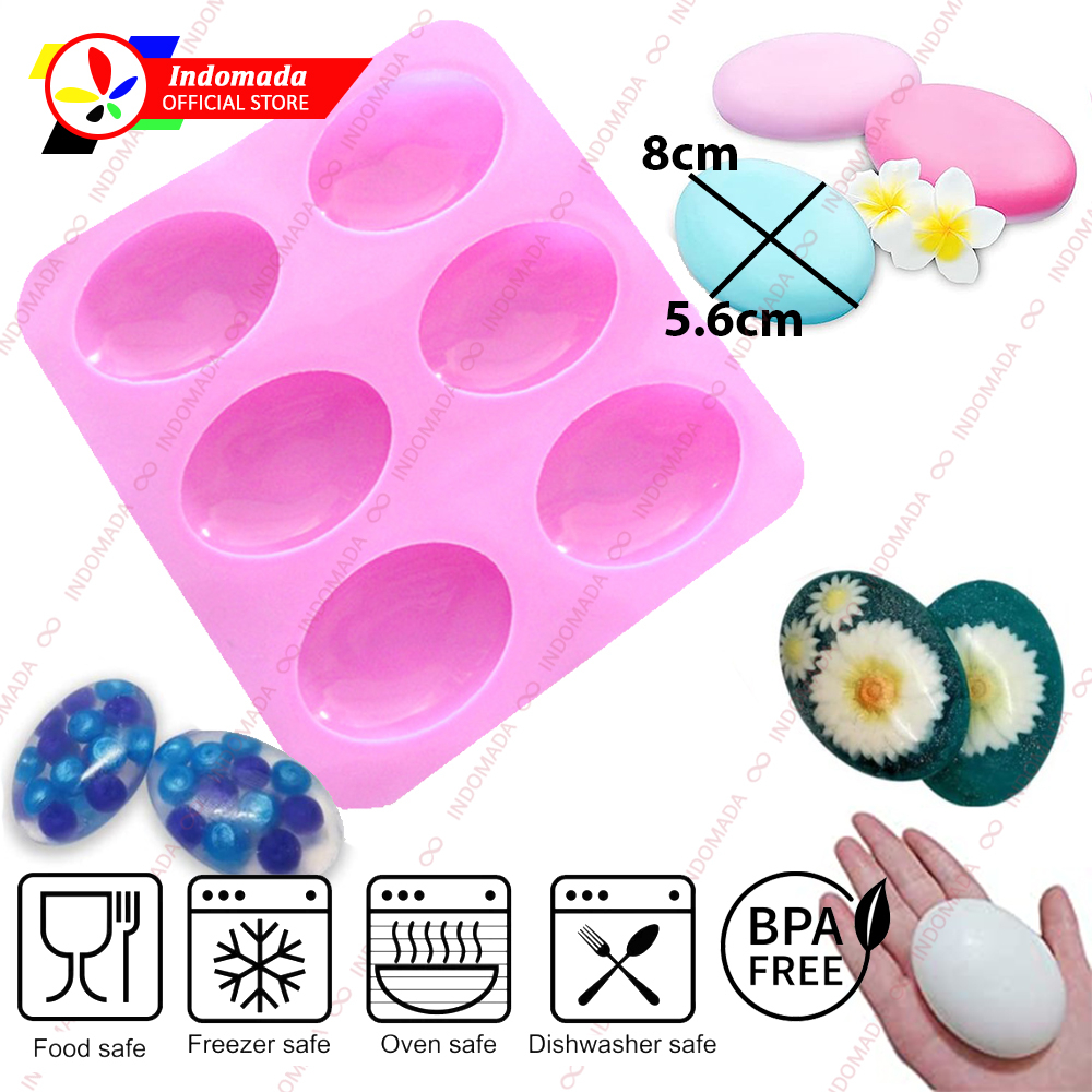 Indomada Cetakan Silikon Sabun Jelly Puding Bulat Telur Besar 8 x 5.6 x 2.6 cm 6 Lubang Kue Pudding 