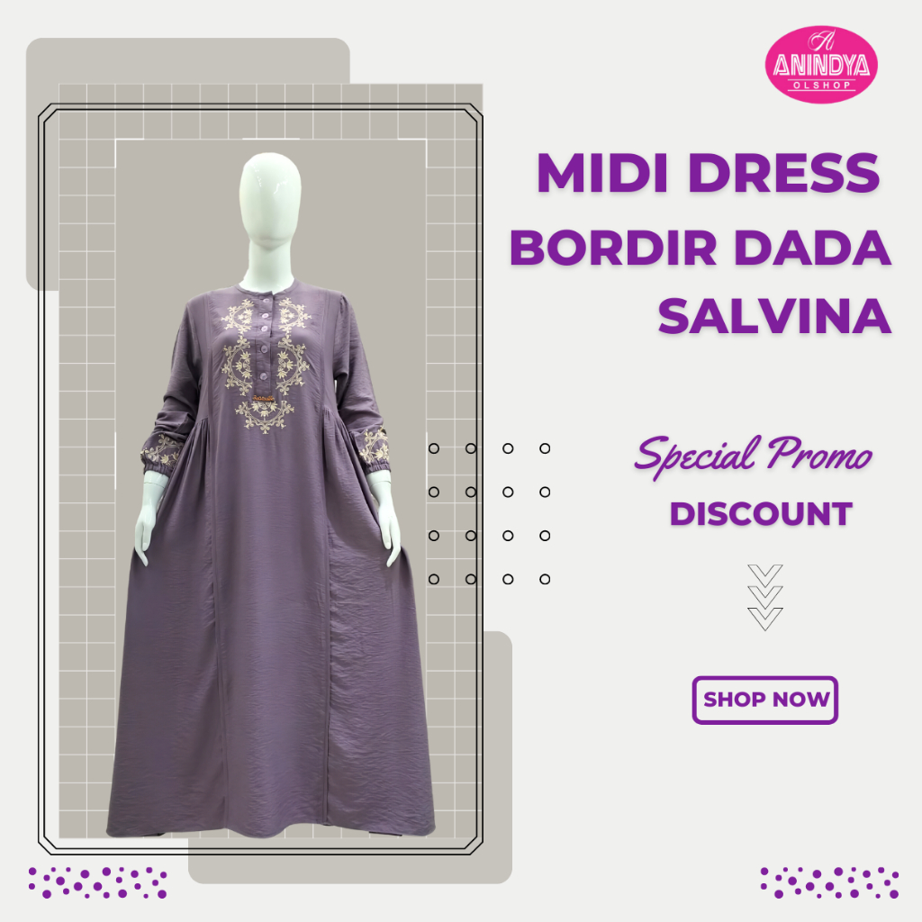 Anindya Fashion Presents Midi Dress Wanita Bordir Dada Timbul Dengan Desain Polos Lengan Panjang Sak