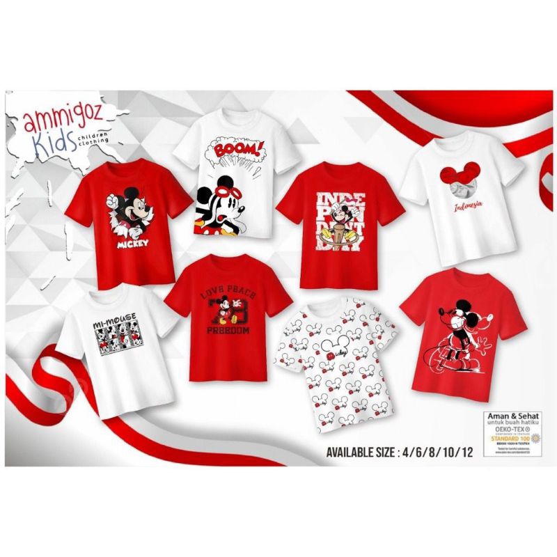 Kaos merah putih kemerdekaan Mickey mouse anak perempuan laki laki Ammigoz