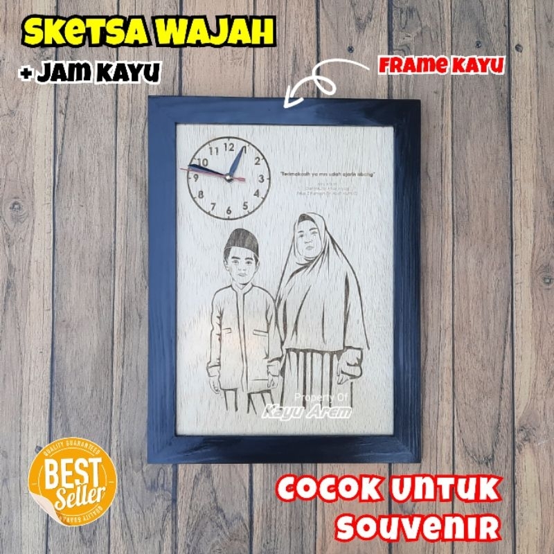 Foto Sketsa Wajah dan Jam Kayu / Siluet Wajah Custom Grafir Laser Unik