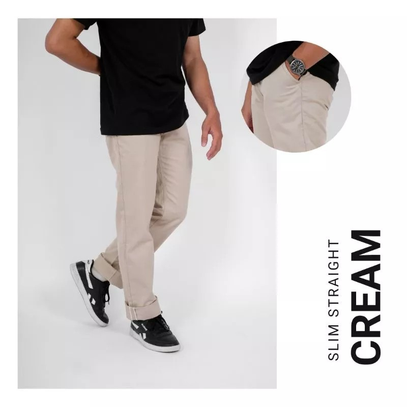 Wisdom Pants Celana Chino Reguler Straight STITCHING Toxic Cream