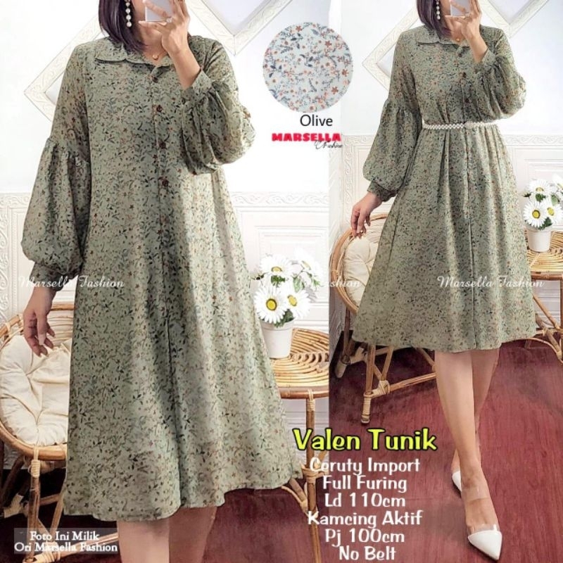 VALEN TUNIK BY MARSELLA TERUSAN DRESSS MIDI TUNIK MOTIF BUNGA BAHAN CERUTY IMPORT FULL FURING LD 110