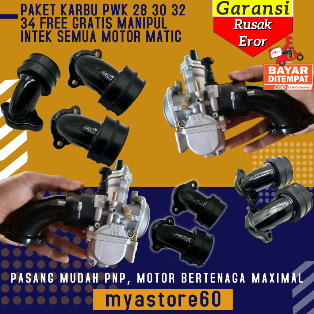 PAKET LENGKAP UNTUK MOTOR MATIC MENGGUNAKAN KARBU PWK 28 30 32 34 + MANIPUL MANIPOL INTEK LEHER ANGS