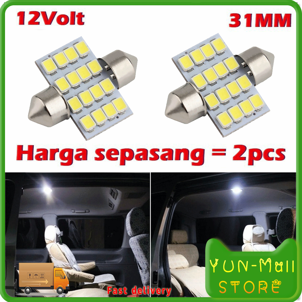 YUN Mall Lampu Mobil LED Super White 31mm Festoon 16 SMD 1210 2 PCS / Lampu Plafon Plapon Plavon Kab