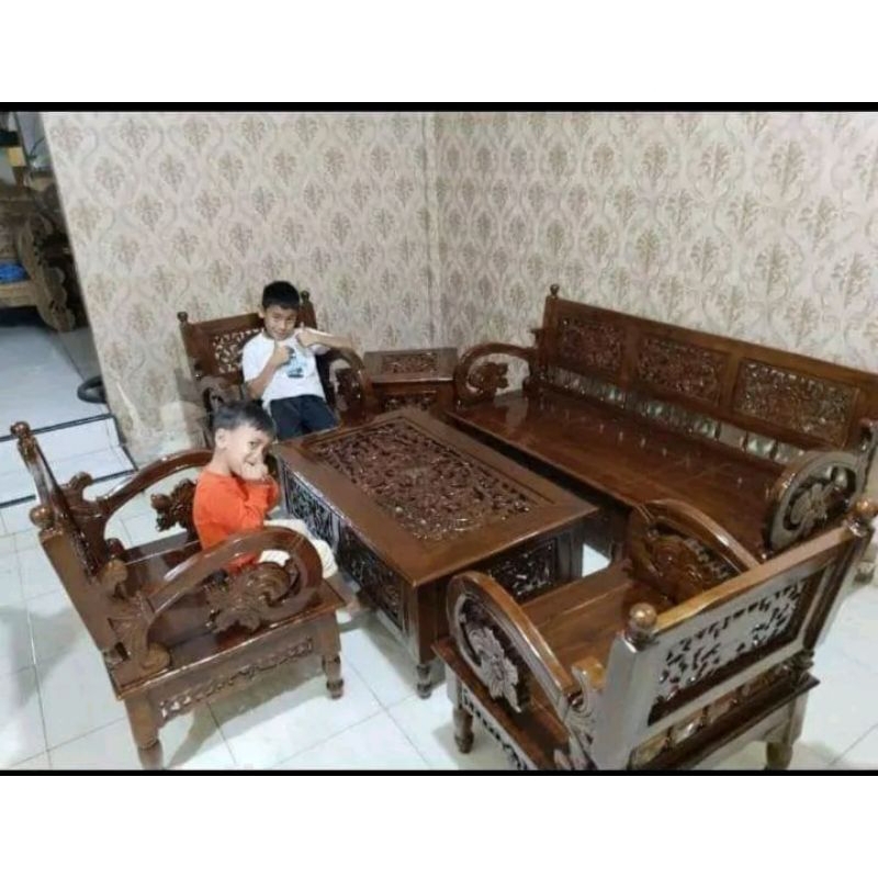 kursi tamu ukir jati model arimbi + meja kecil