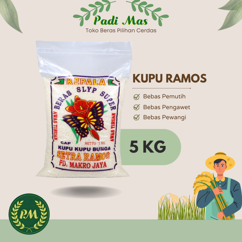 

Beras Setra Ramos cap KUPU BUNGA 5kg / Beras Ramos Super 5 kg / Pulen Sedang