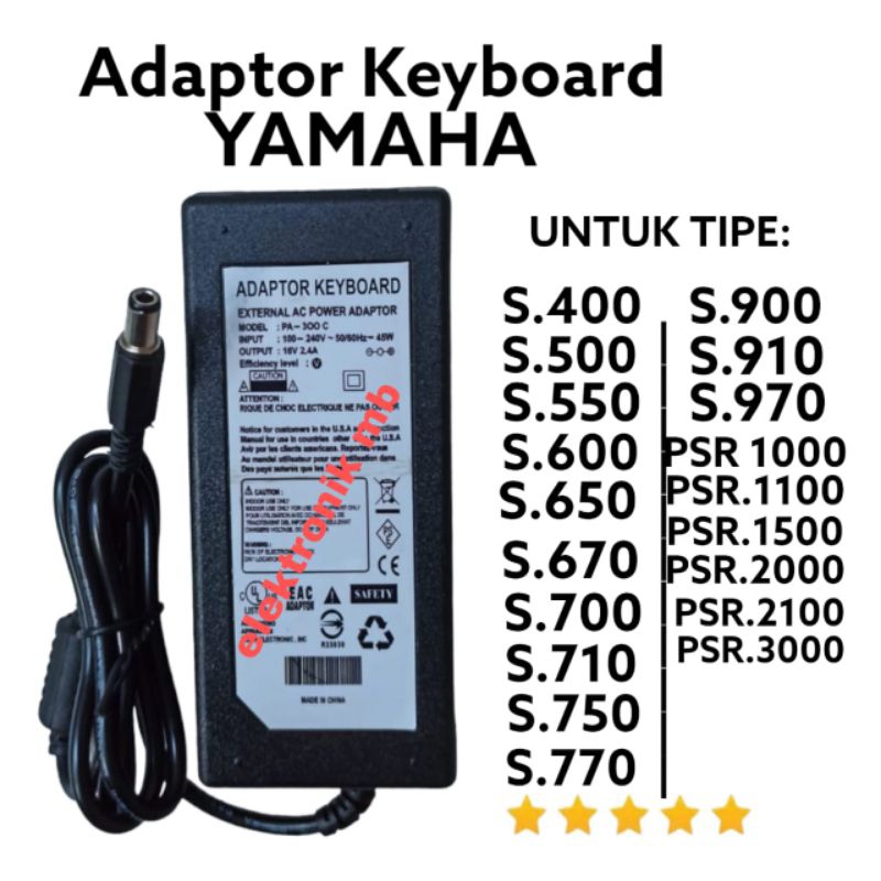 adaptor keyboard yamaha psr s400/s500/s550/s600/s650/s670/s700/s710/s750/s770/s900/s910/s950/s970 autput 16v-2,4A
