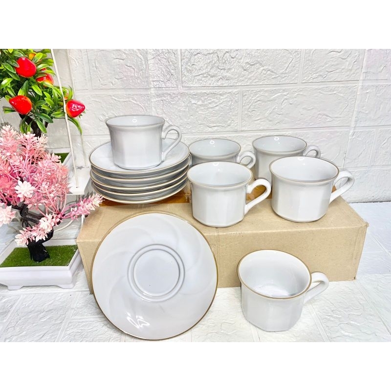 6set cangkir polos segi/6 set cangkir keramik segi/6 set cangkir lis segi