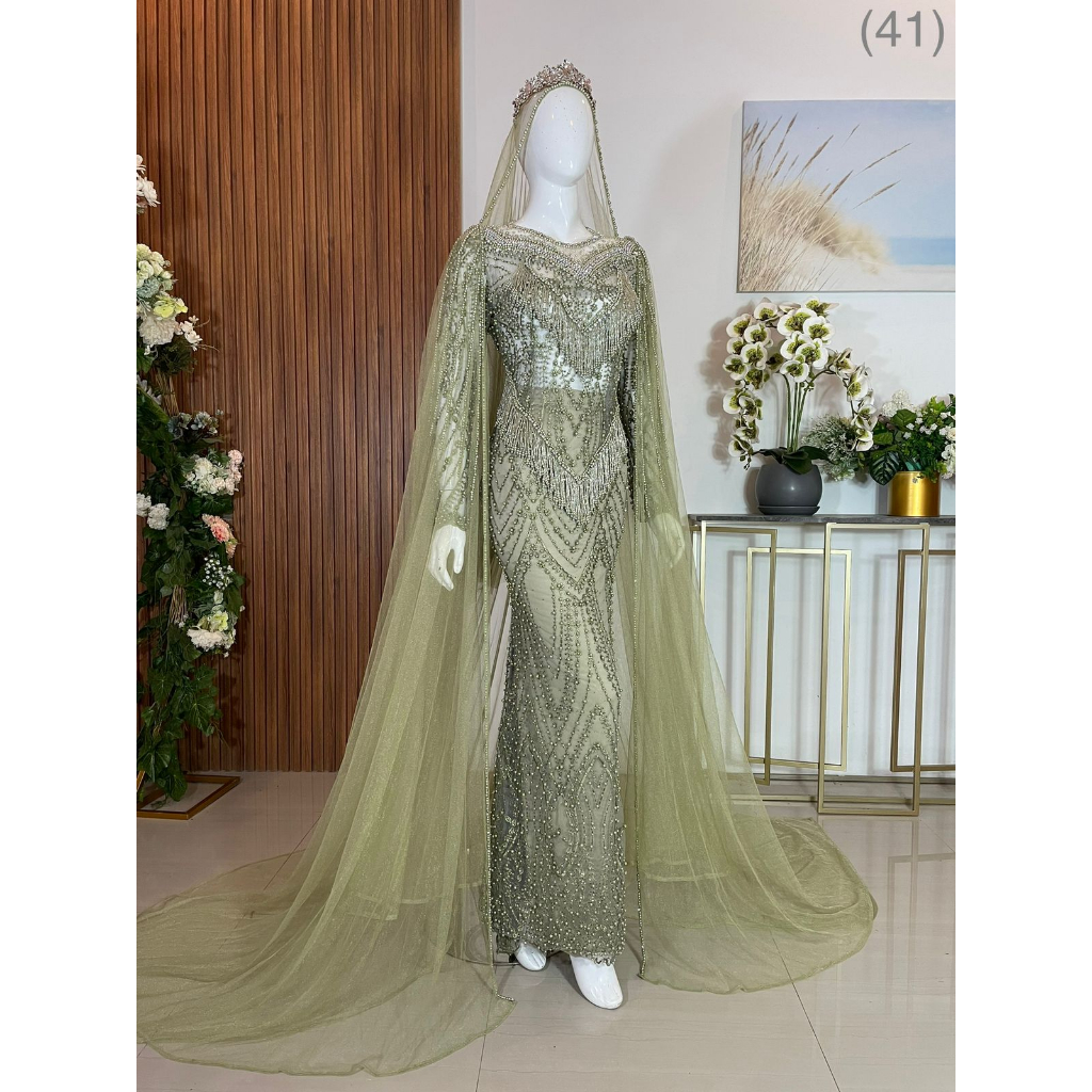 Kebaya pengantin wanita modern slim mutiara hijau Sage slayer vei (ka arsylia)