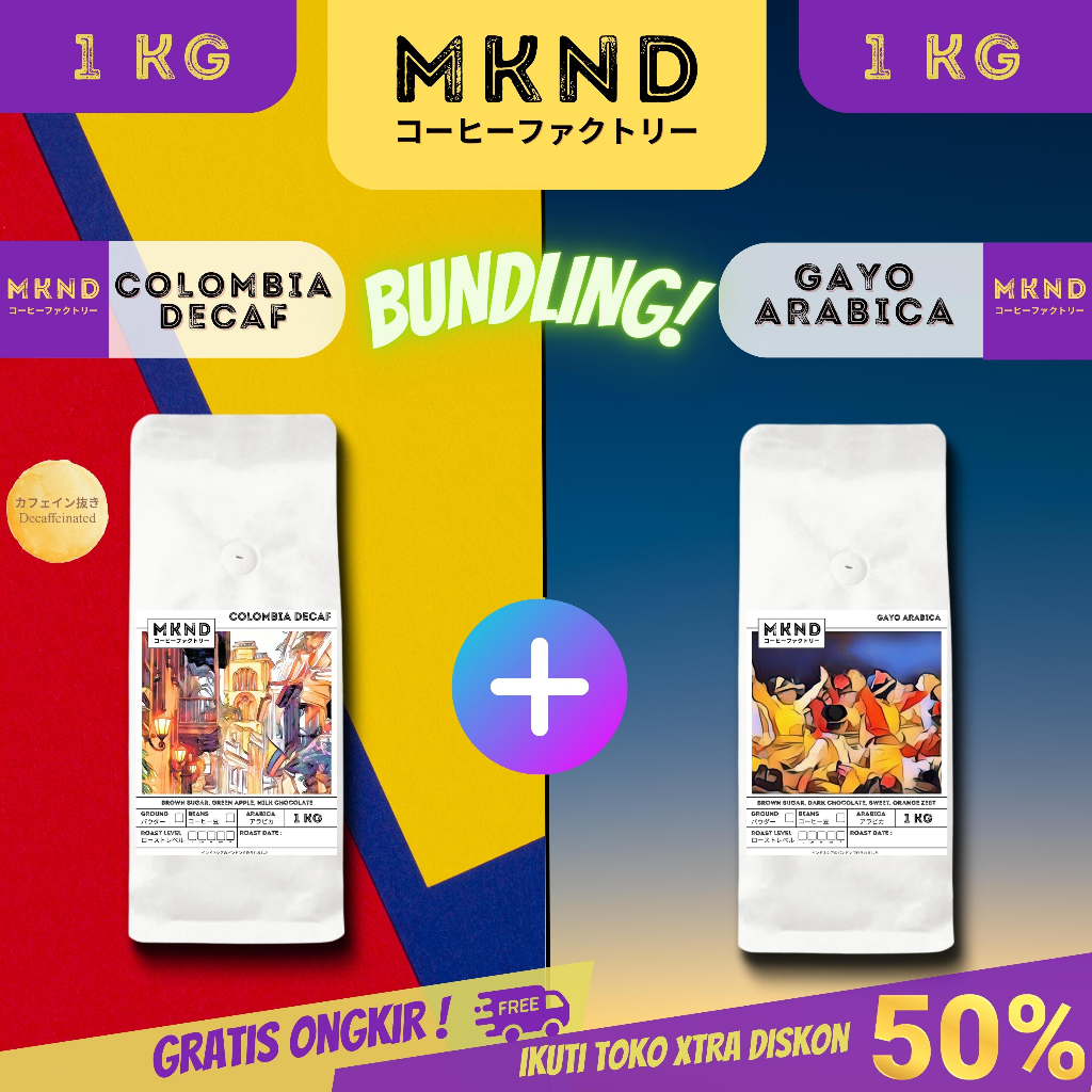 

MKND® BUNDLING HEMAT 2X1KG KOPI ARABIKA ACEH GAYO GRADE 1+ COLOMBIA DECAF (IMPORT BEANS) PROMO DISCON | BIJI BUBUK | SINGLE ORIGIN | PREMIUM COFFE | ROASTED BEANS | MANUAL BREW | COFFE ROASTERY