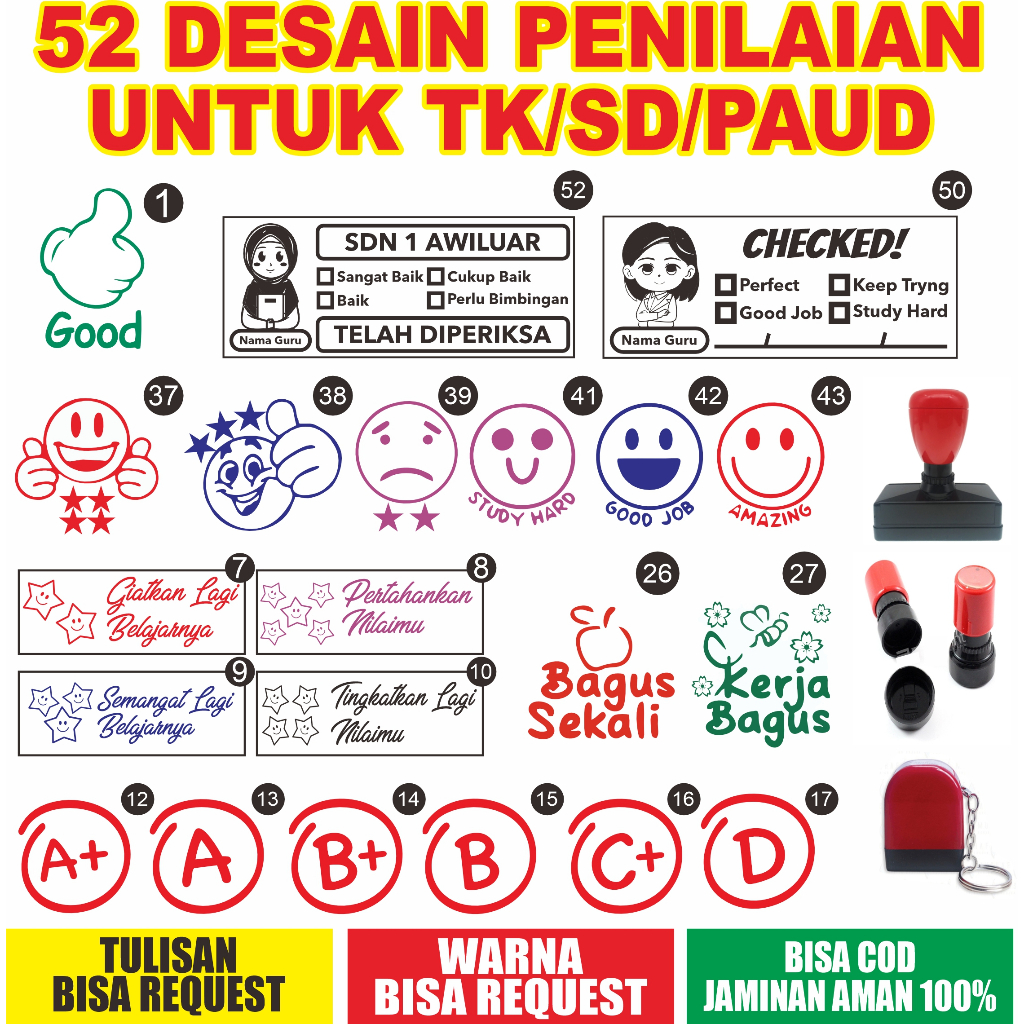 

stempel penilaian anak paud tk sd , stempel nilai guru stempel bintang cap emot