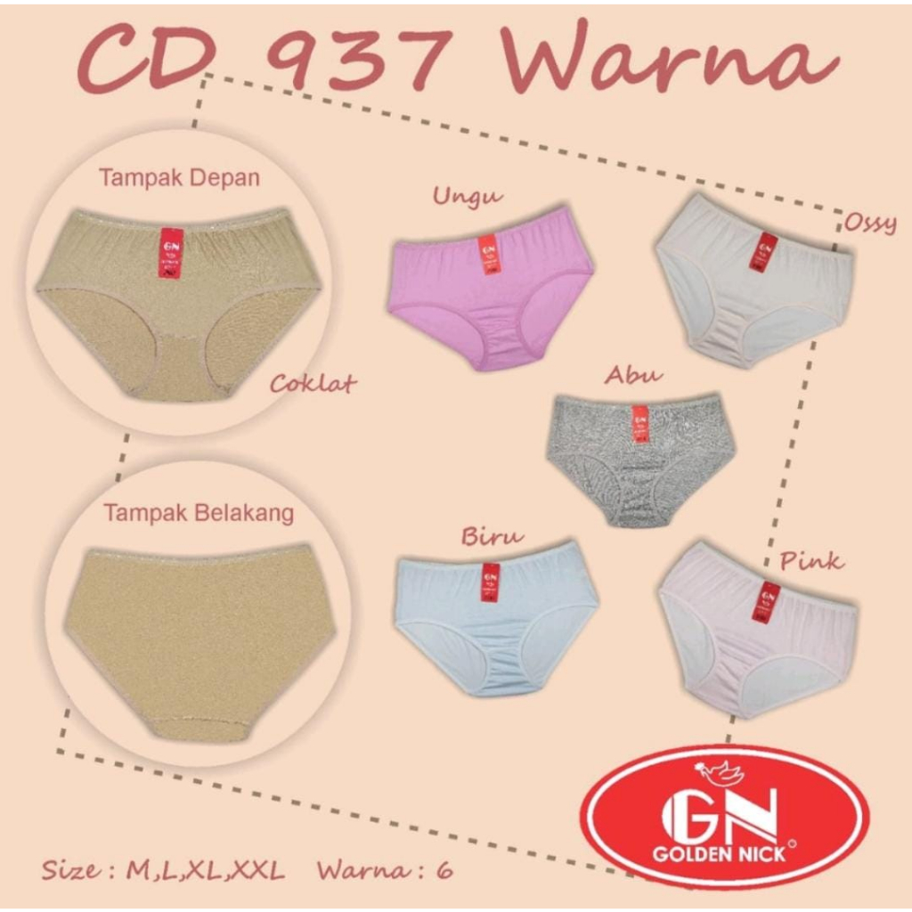 GOLDEN NICK | Celana Dalam Perempuan GN 937 ( WARNA TERANG ) / CD GN Katun Dingin Lusinan MURAH