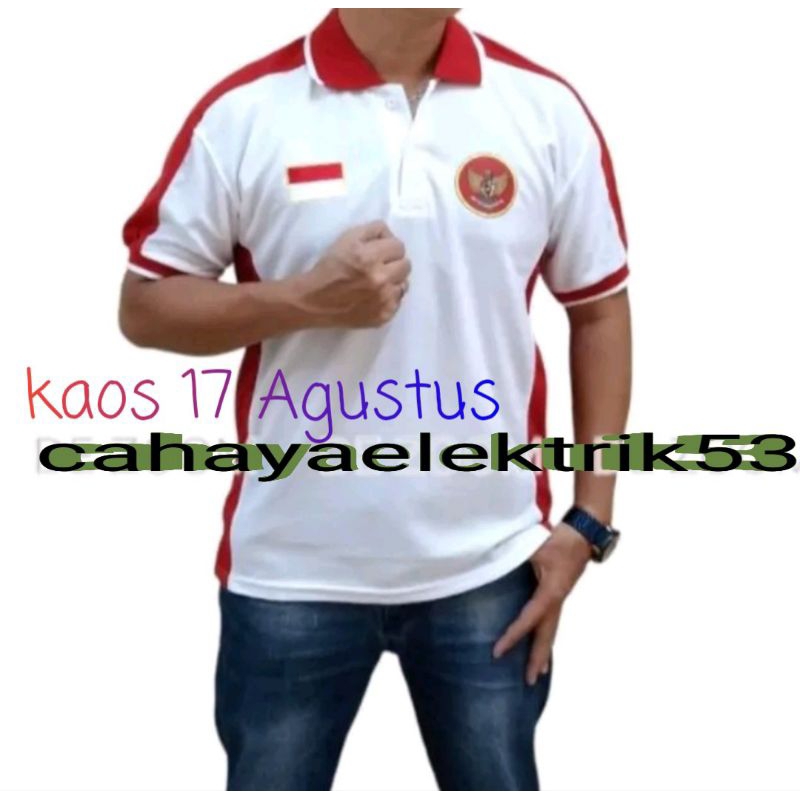 Kaos Agustus Pria Wanita  Model Kerah Merah Putih INDONESIA / Polosshirt Bendera Merah Putih Kaos 17