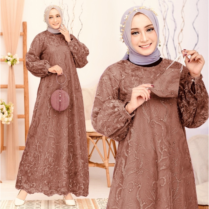 Haru Full Brukat Tile Mutiara / Size S-M, L , XL, XXL / Gamis Pesta / Gamis Kondangan / Gamis Brokat