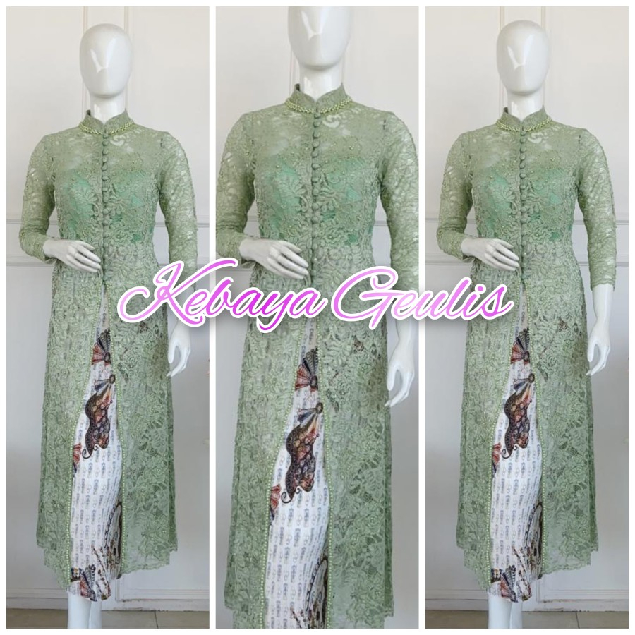 Setelan kebaya brukat semata kaki hijau sage -