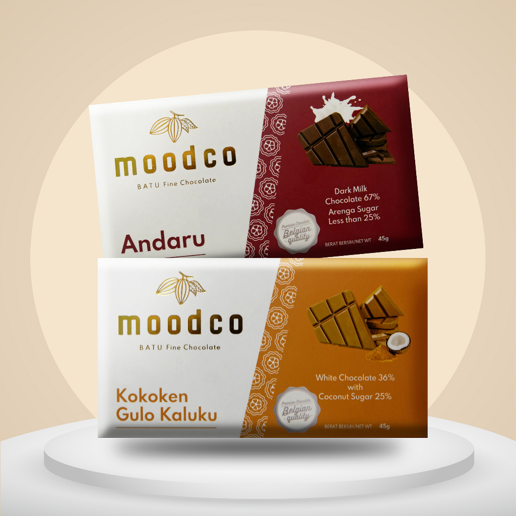 

Moodco Fine Chocolate | Bundling 2 varian Cokelat Andaru & Kokoken | Dark Milik Chocolate & White Chocolate 45 gr| Real Coklat Bukan Coklat Kompon