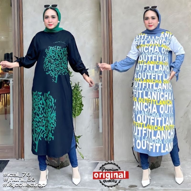 LONG TUNIK WANITA / TUNIK KOMBINASI LANICHA / MIDI DRESS KAOS TERBARU