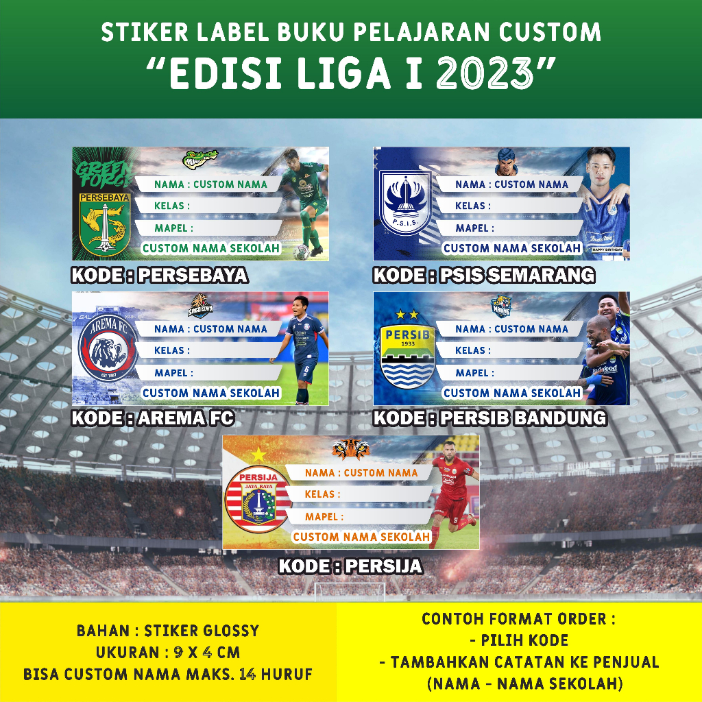 

STIKER LABEL NAMA BUKU TULIS PELAJARAN (35 PCS) EDISI LIGA 1 2023 SEPAK BOLA INDONESIA (BISA CUSTOM)