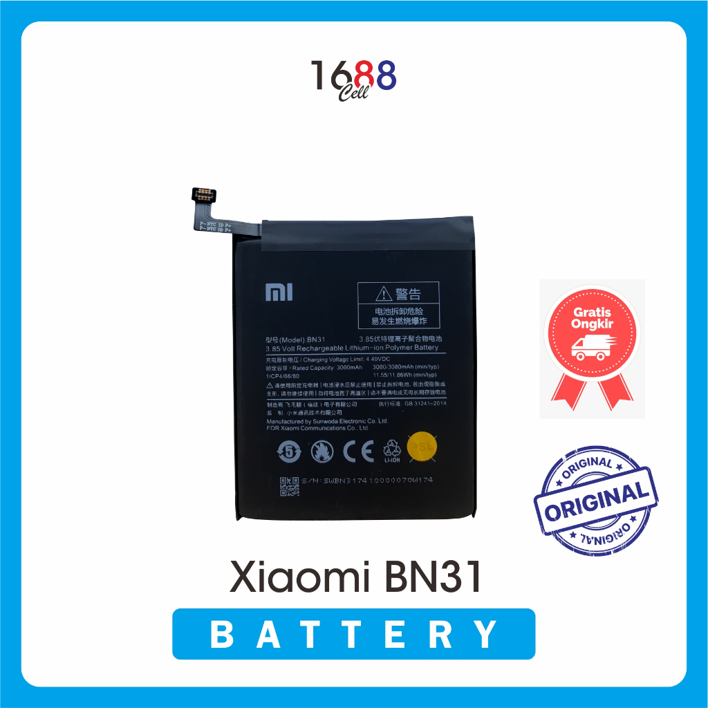 Baterai Xiaomi Redmi Note 5A/5A Pro/Redmi S2/ Mi A1/Mi 5X BN31 - Battery Original - Baterai xiaomi O