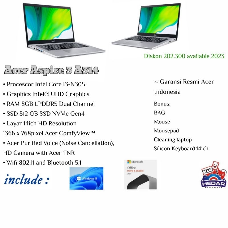 Acer Aspire 3 314 Intel i3 N305 RAM 8GB 512Gb W11 OhS 14 HD